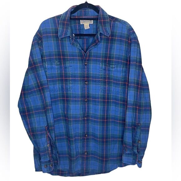 Duluth Trading Co Men’s Sz Lrg Tall Blue Plaid Flannel Cotton.Button Down Shirt - Picture 1 of 4